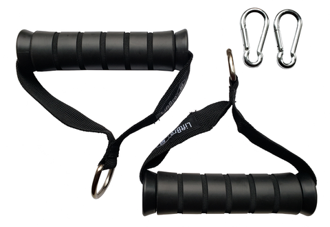 Pair of LiftBro black fitness handles for exercise machines and resistance bands. Includes carrying bag and carabiners