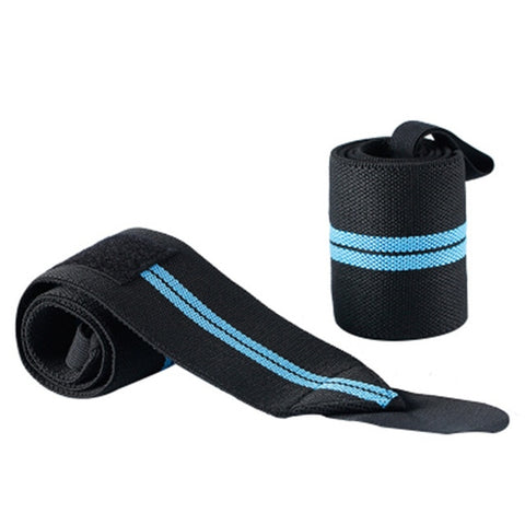 Black and blue LiftBro weightlifting wrist wraps. Durable, double knit, nylon. 3.10 Inches wide